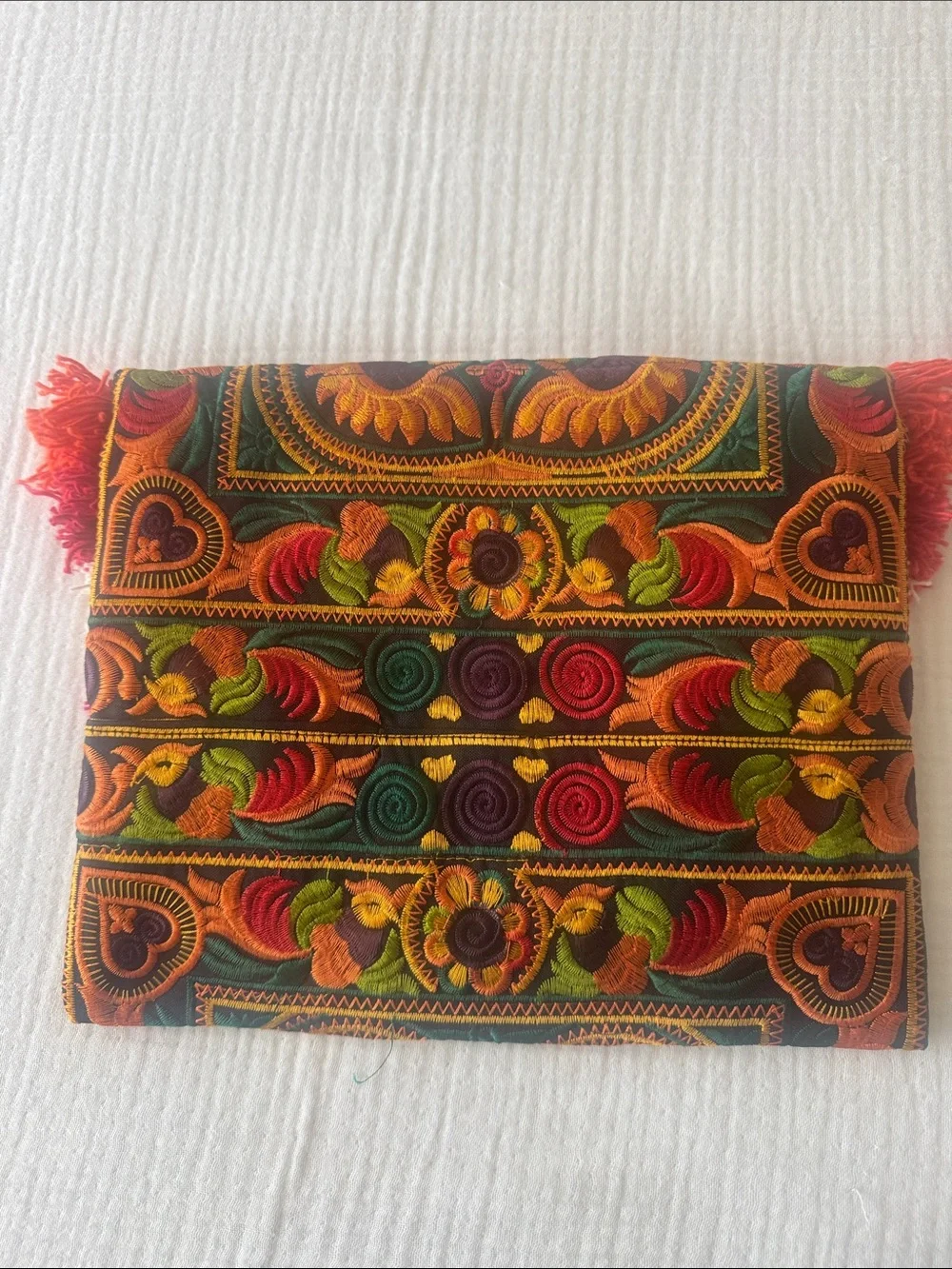 Hand Crafted Multicolor Tassel Clutch - Vibrant Orange & Green